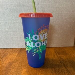 Starbucks Purple Tumbler with Red Lid and Green Straw - "Love Aloha"